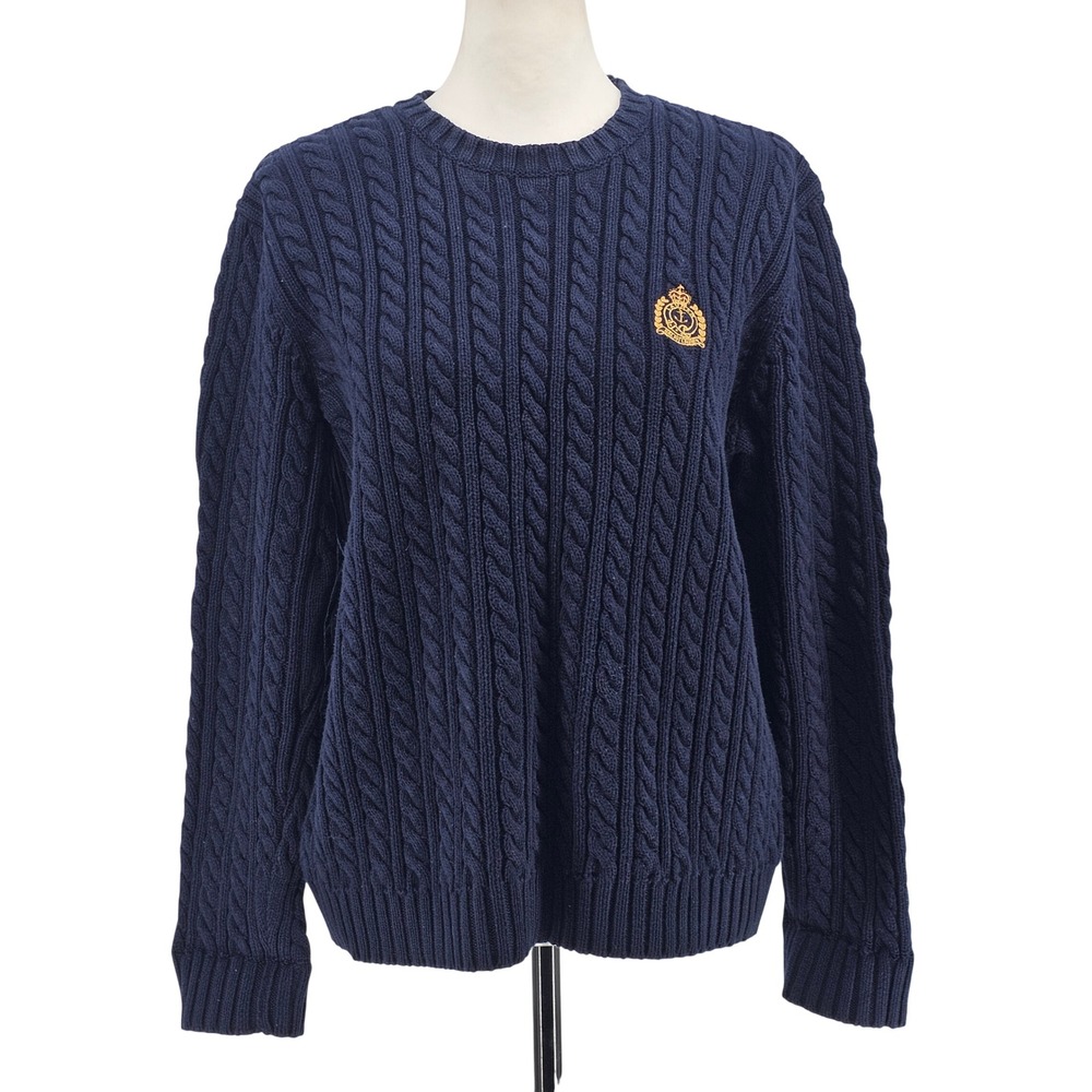 Lauren Ralph Lauren Vintage Cable Knit Sweater M Navy Preppy Nautical Crested - Picture 2 of 8